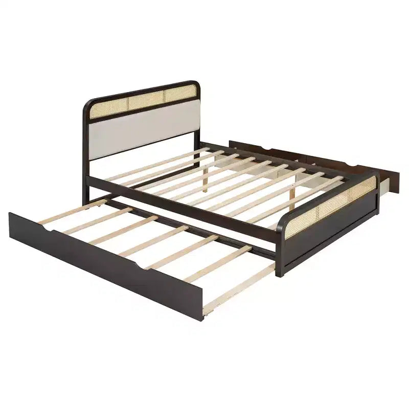 Queen Size Wooden Platform Bed with Trundle and 2 Drawers, Rattan Accents Bed 4S - ModernLuxe
