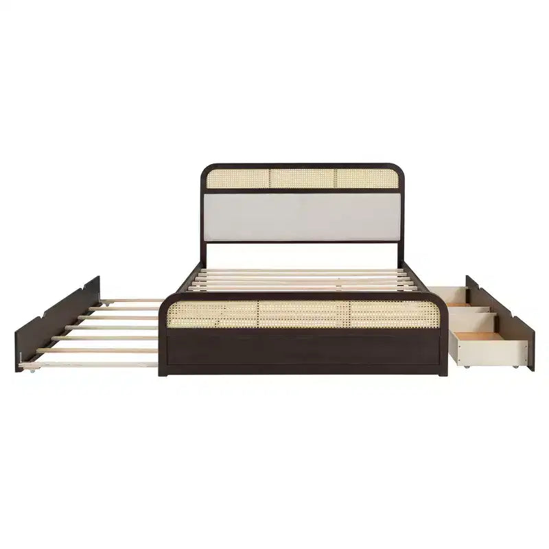 Queen Size Wooden Platform Bed with Trundle and 2 Drawers, Rattan Accents Bed 4S - ModernLuxe