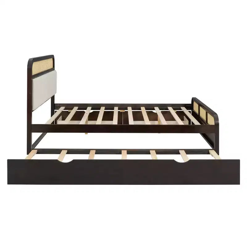 Queen Size Wooden Platform Bed with Trundle and 2 Drawers, Rattan Accents Bed 4S - ModernLuxe