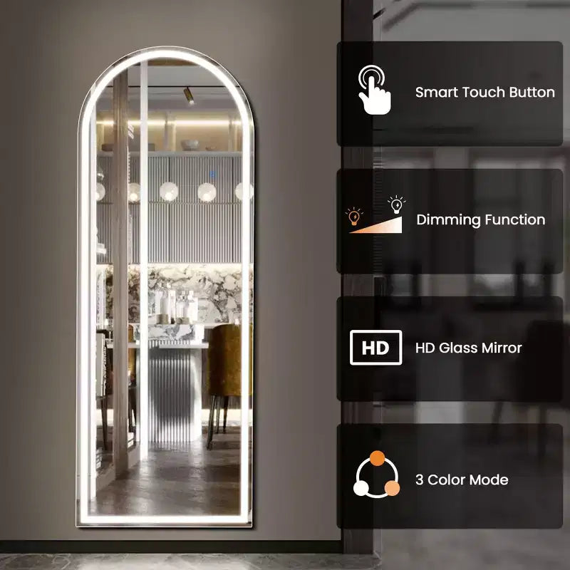 Miroir pleine longueur arqué sans cadre JIONJOY à lumière DEL 3 couleurs