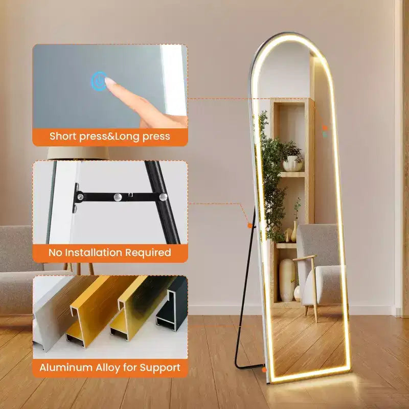 Miroir pleine longueur arqué sans cadre JIONJOY à lumière DEL 3 couleurs