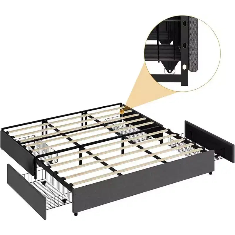 Cadre de lit plateforme rembourré avec 4 tiroirs de rangement, cadre de lit plateforme avec sommier en bois solide, aucun sommier tapissier requis