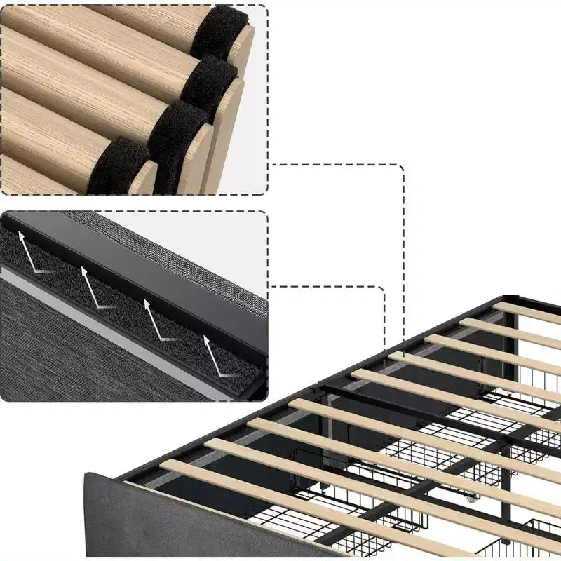 Cadre de lit plateforme rembourré avec 4 tiroirs de rangement, cadre de lit plateforme avec sommier en bois solide, aucun sommier tapissier requis