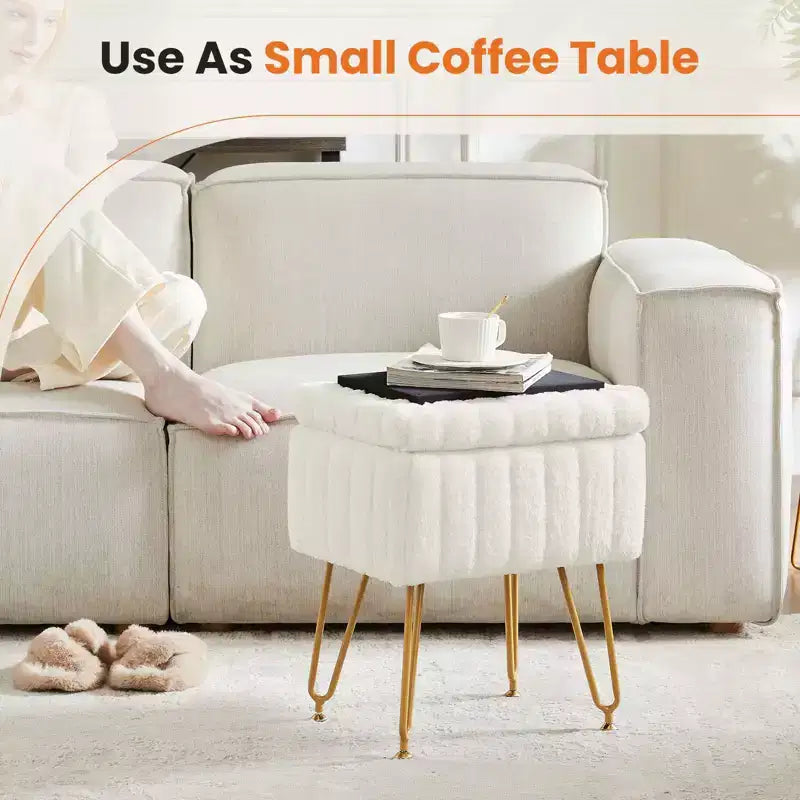 JIONJOY Faux Fur Rectangular Accent Small Ottoman with Storage