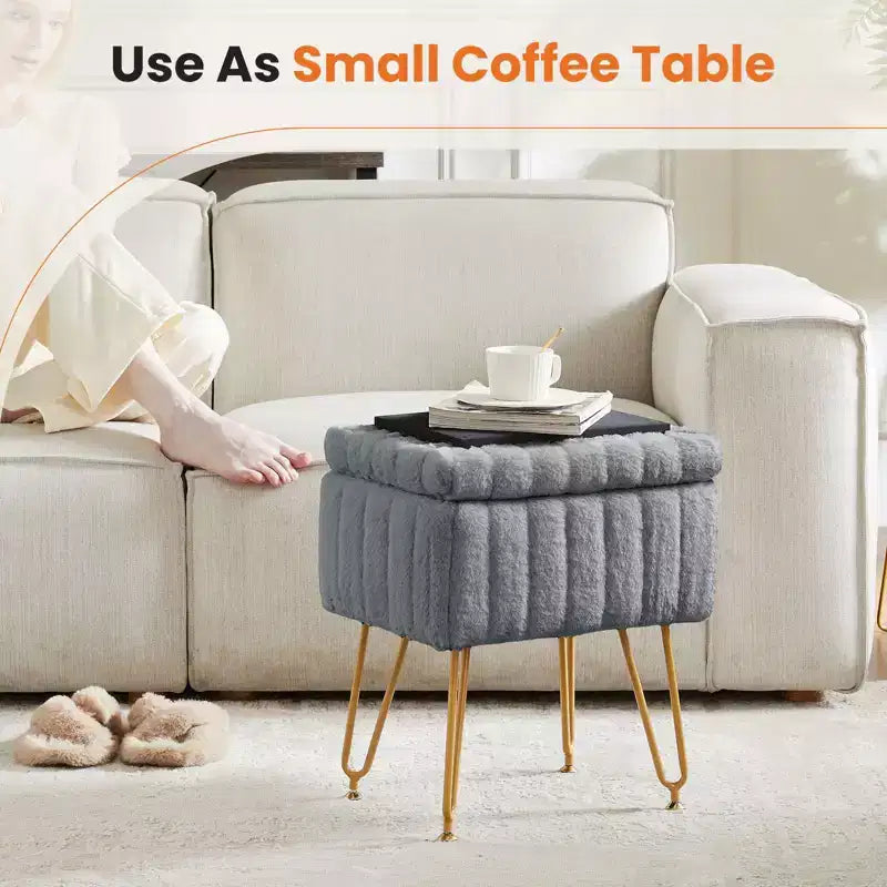 JIONJOY Faux Fur Rectangular Accent Small Ottoman with Storage