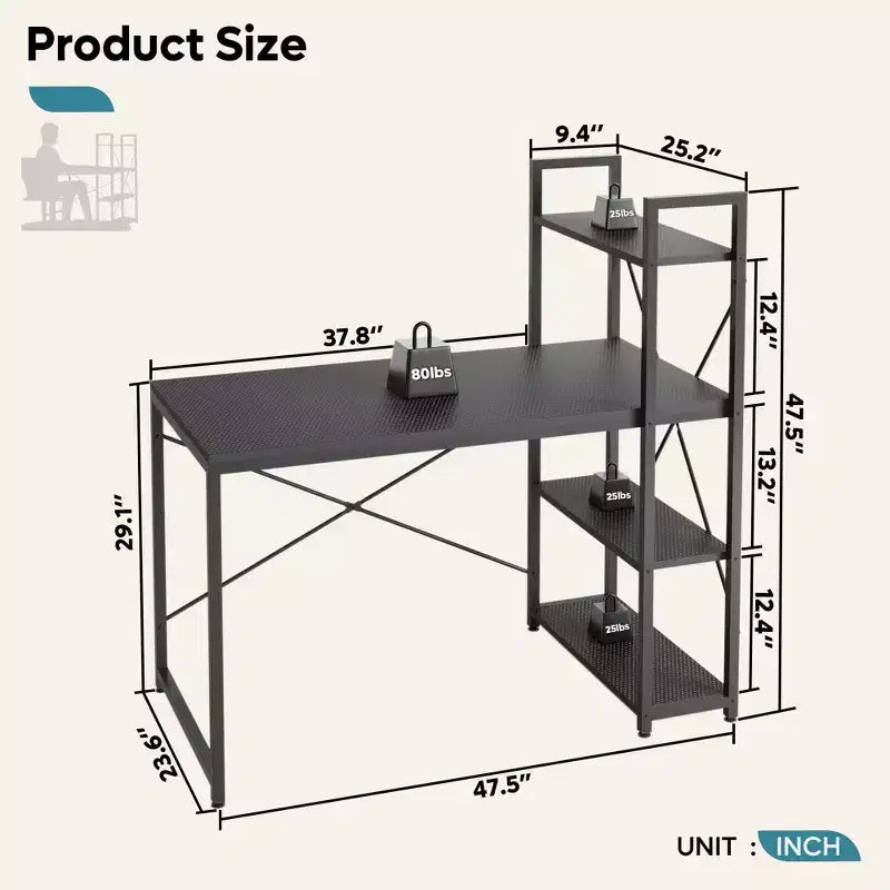 Bestier Bureau d'ordinateur de 119 cm avec étagère réversible, bureau d'écriture debout pour bureau à domicile/étude/jeux