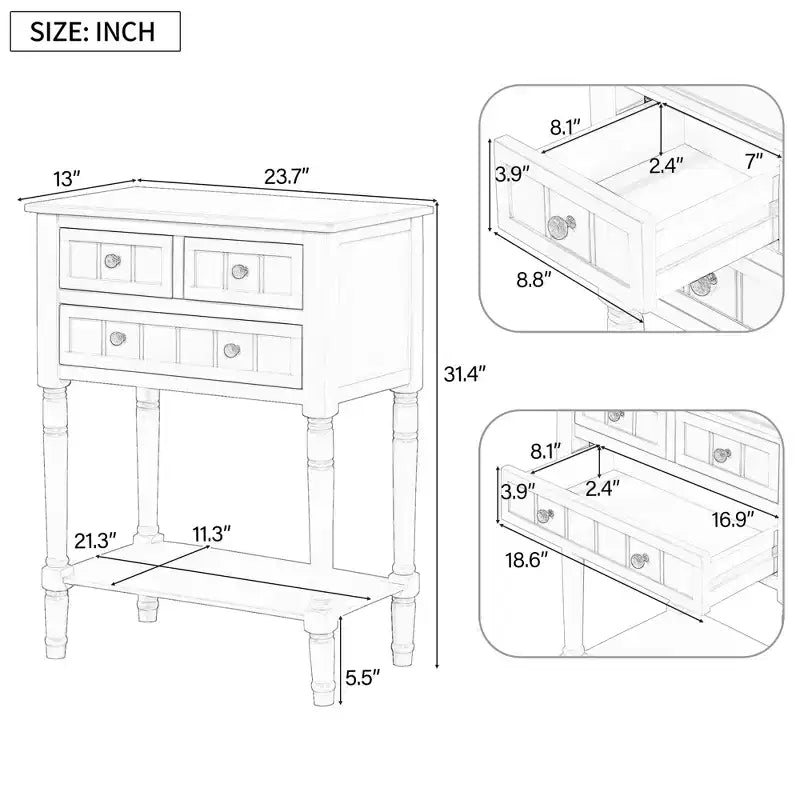 Console étroite Whisen avec trois tiroirs de rangement et étagère inférieure