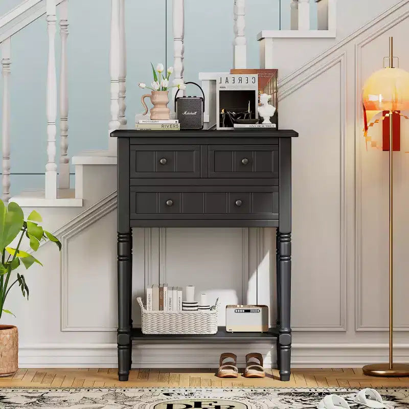 Console étroite Whisen avec trois tiroirs de rangement et étagère inférieure
