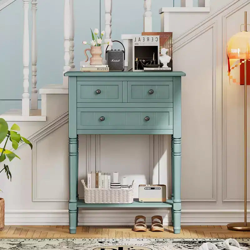 Console étroite Whisen avec trois tiroirs de rangement et étagère inférieure