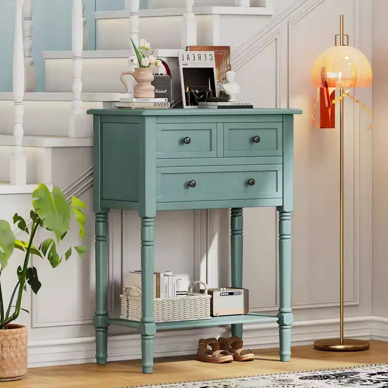 Console étroite Whisen avec trois tiroirs de rangement et étagère inférieure