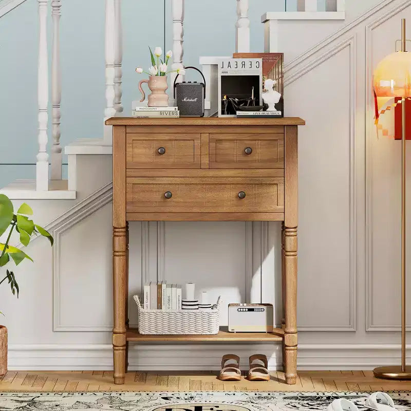Console étroite Whisen avec trois tiroirs de rangement et étagère inférieure