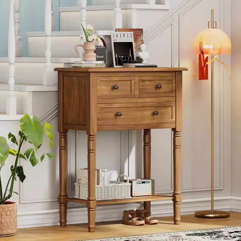 Console étroite Whisen avec trois tiroirs de rangement et étagère inférieure
