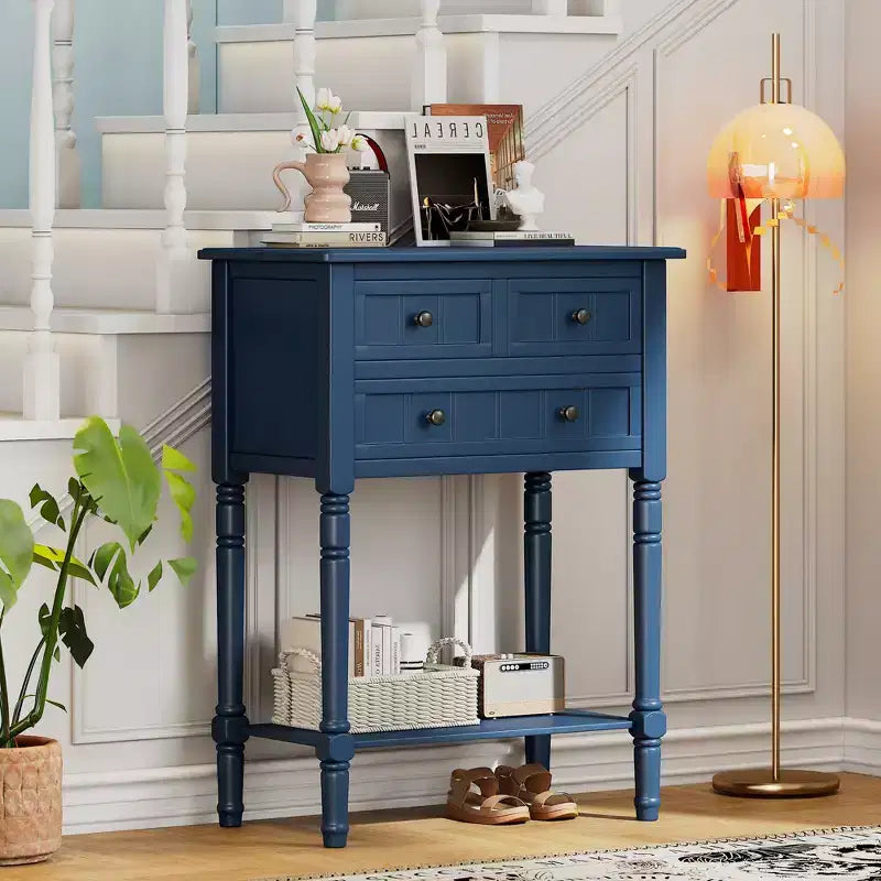 Console étroite Whisen avec trois tiroirs de rangement et étagère inférieure