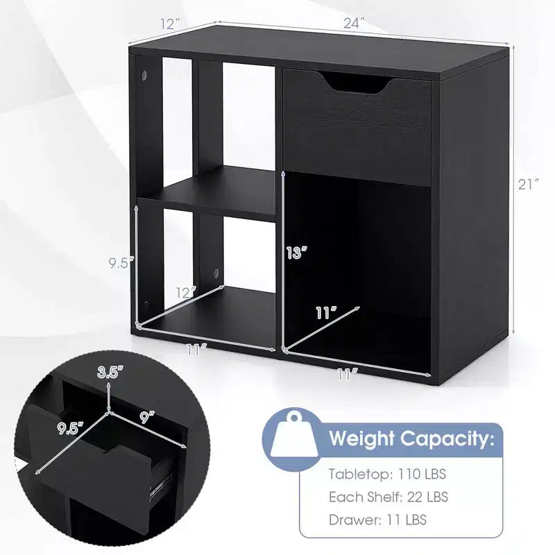 Costway 1/2 PCS 3-Cube Bookcase Organizer with 2-tier Wooden Storage Shelf & Pull-out Drawer Black/White