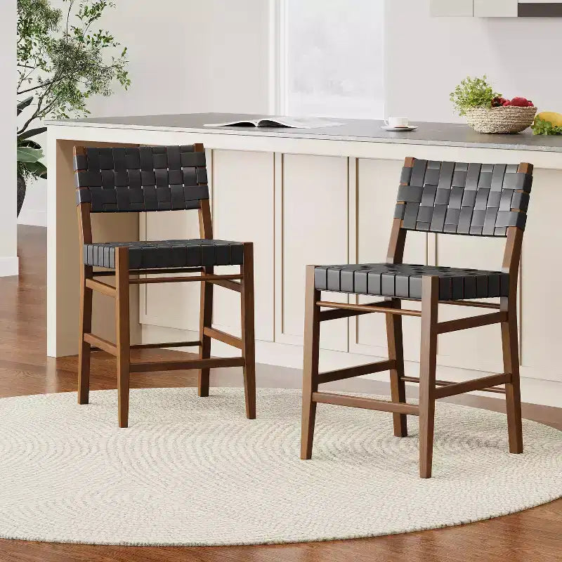 Christopher Knight Home Lumft 24.25 Woven Leather Rubberwood Counter Stool with Footrest