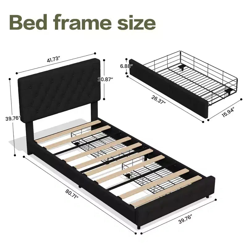 Cadre de lit Queen Size HYLEORY avec 4 tiroirs et tête de lit, Cadre de lit plateforme rembourré