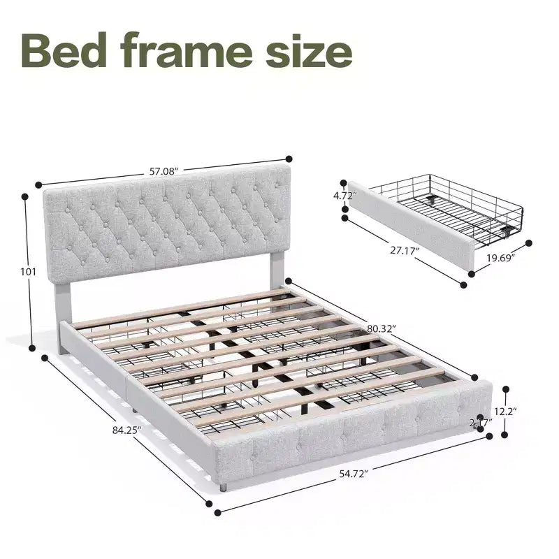 Cadre de lit Queen Size HYLEORY avec 4 tiroirs et tête de lit, Cadre de lit plateforme rembourré