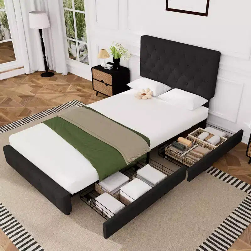 Cadre de lit Queen Size HYLEORY avec 4 tiroirs et tête de lit, Cadre de lit plateforme rembourré