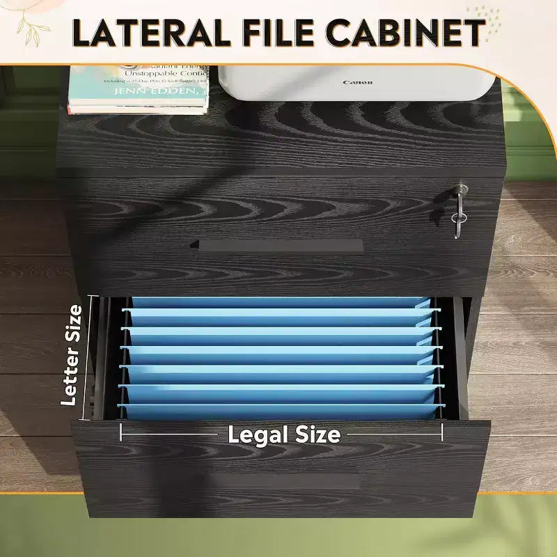 DEXYLLO 2-Drawer Wood Lateral File Cabinet with Lock, Filing Cabinet for Office & Home, Printer Stand with Anti-Tilt Mechanism