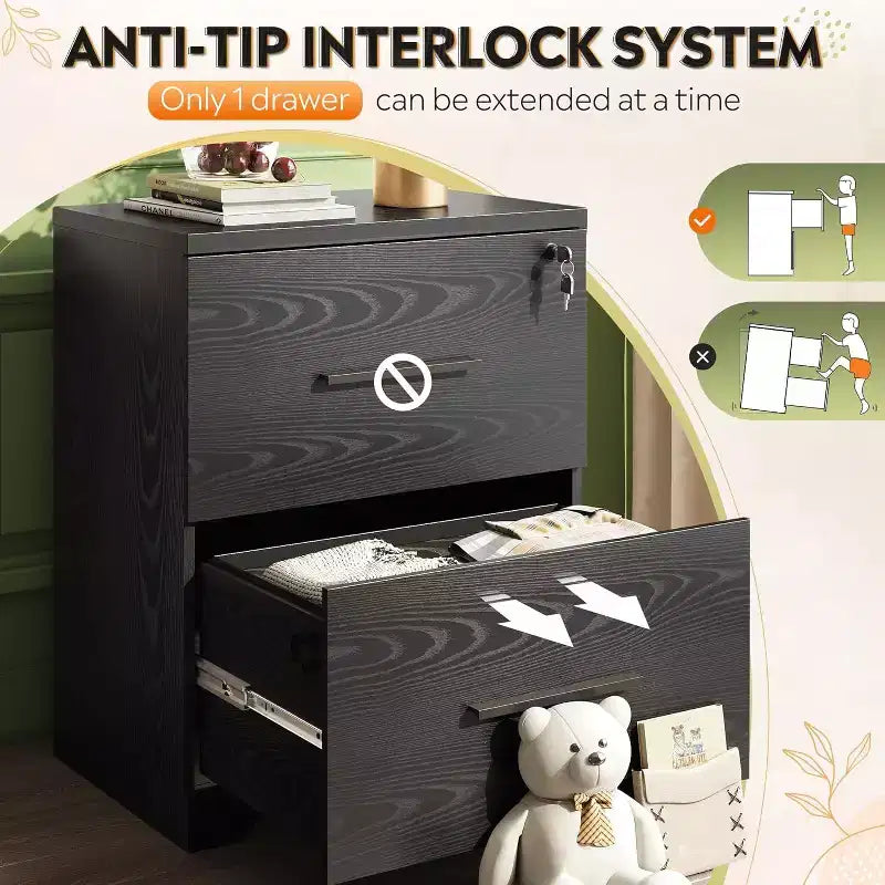 DEXYLLO 2-Drawer Wood Lateral File Cabinet with Lock, Filing Cabinet for Office & Home, Printer Stand with Anti-Tilt Mechanism