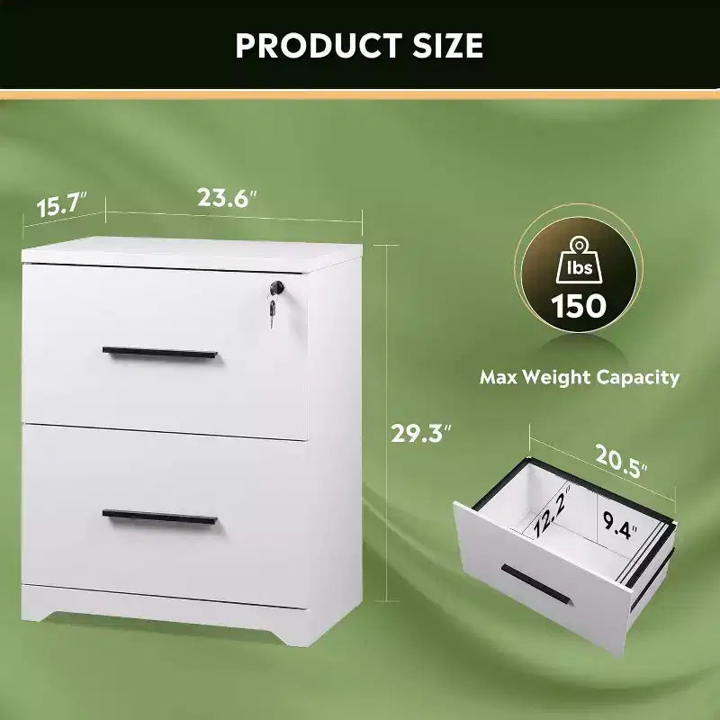 DEXYLLO 2-Drawer Wood Lateral File Cabinet with Lock, Filing Cabinet for Office & Home, Printer Stand with Anti-Tilt Mechanism