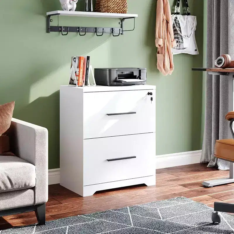 DEXYLLO 2-Drawer Wood Lateral File Cabinet with Lock, Filing Cabinet for Office & Home, Printer Stand with Anti-Tilt Mechanism