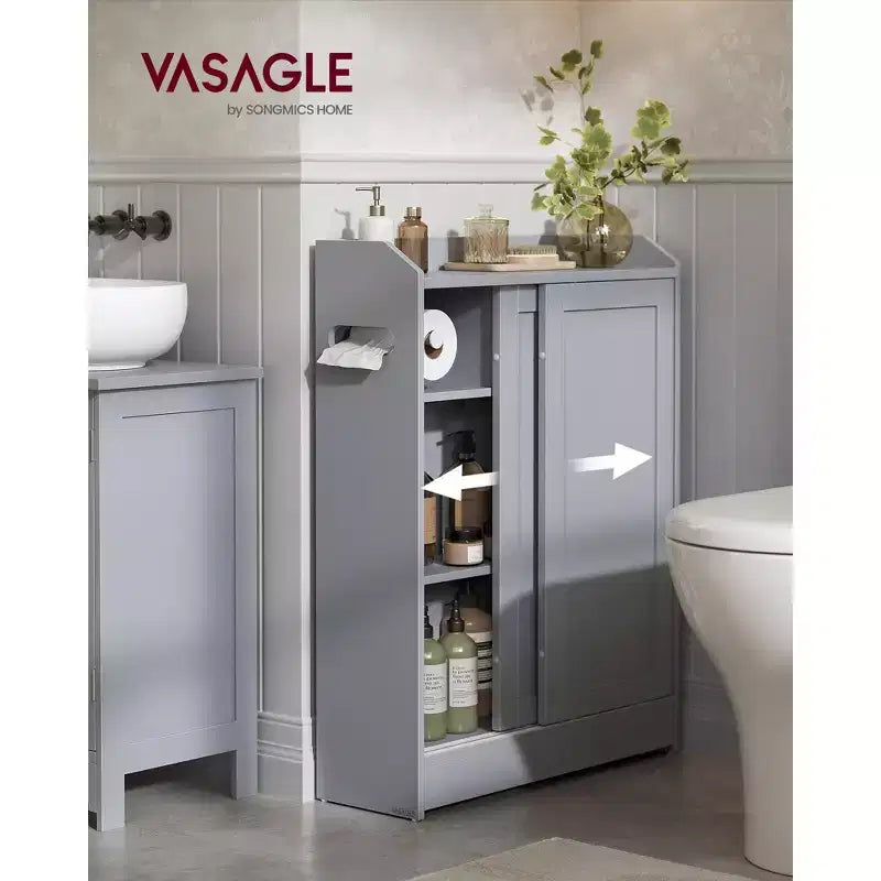 VASAGLE Bathroom Cabinet, Slim Bathroom Storage Cabinet, Toilet Paper Holder and Brush Compartment, Sliding Doors, Adjustable Shelves,