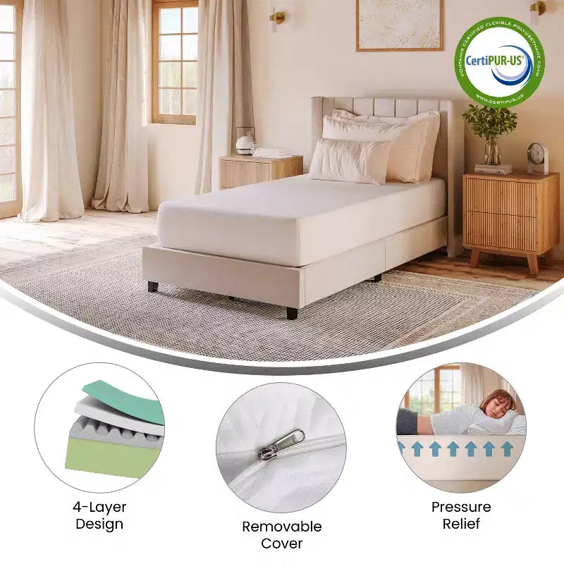 Merrick Lane Matelas en mousse à mémoire de forme en boîte à 4 couches, mousse infusée au thé vert, mousse à circulation d'air, gel rafraîchissant, mousse certifiée CertiPUR-US