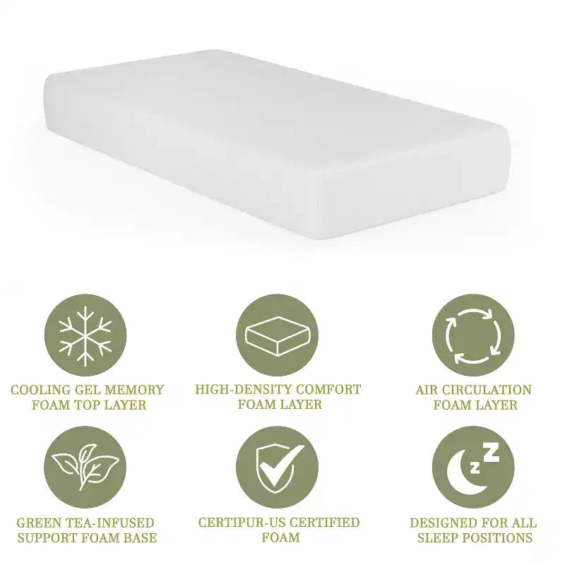 Merrick Lane Matelas en mousse à mémoire de forme en boîte à 4 couches, mousse infusée au thé vert, mousse à circulation d'air, gel rafraîchissant, mousse certifiée CertiPUR-US