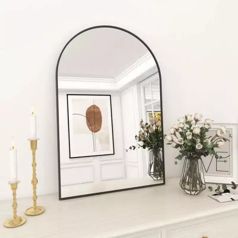 24 x 36 Arched Mantle Mirror, Black/Gold-HOMLUX: Metal Frame, Wall Mount, Modern Decor
