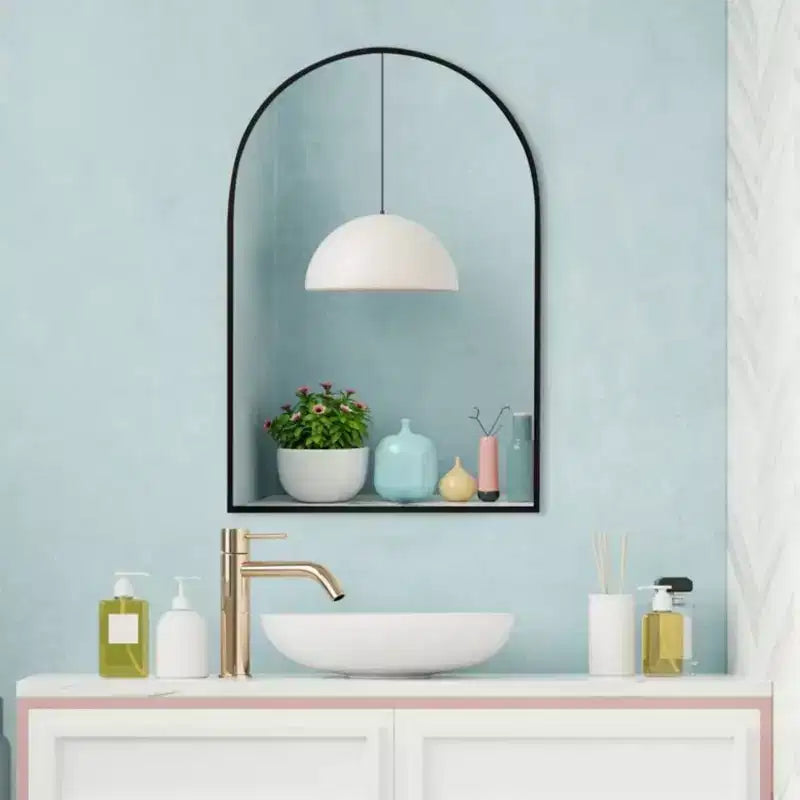 24 x 36 Arched Mantle Mirror, Black/Gold-HOMLUX: Metal Frame, Wall Mount, Modern Decor