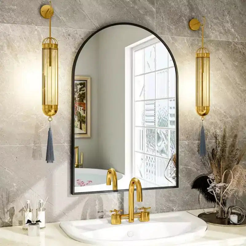 24 x 36 Arched Mantle Mirror, Black/Gold-HOMLUX: Metal Frame, Wall Mount, Modern Decor