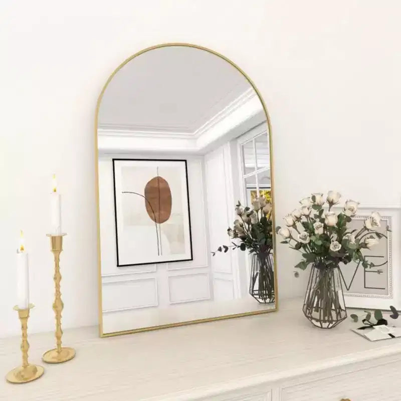 24 x 36 Arched Mantle Mirror, Black/Gold-HOMLUX: Metal Frame, Wall Mount, Modern Decor