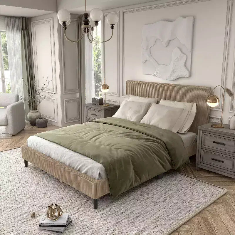 Lit plateforme Queen miBasics Beckman en velours côtelé avec housse amovible
