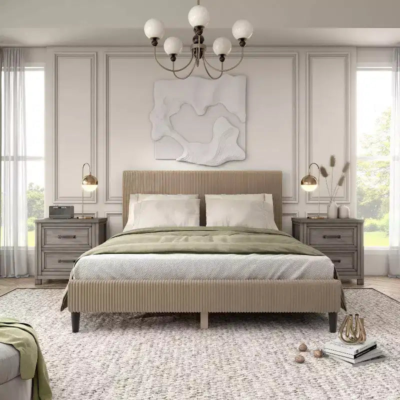 Lit plateforme Queen miBasics Beckman en velours côtelé avec housse amovible