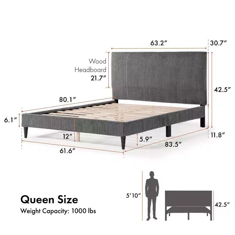 Lit plateforme Queen miBasics Beckman en velours côtelé avec housse amovible